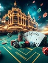 casino scene on a gaming table, freeze action fly dice, cards and chips, dark, bokeh , human hand