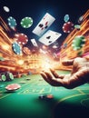 casino scene on a gaming table, freeze action fly dice, cards and chips, dark, bokeh , human hand Royalty Free Stock Photo