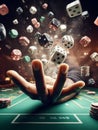 casino scene on a gaming table, freeze action fly dice, cards and chips, dark, bokeh , human hand Royalty Free Stock Photo