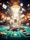 casino scene on a gaming table, freeze action fly dice, cards and chips, dark, bokeh , human hand Royalty Free Stock Photo