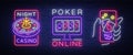 Casino is a set of neon signs. Logo collection in neon style, luminous banner, bright neon advertising online poker Royalty Free Stock Photo