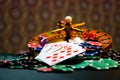 Casino set with Roulette, cards, dice and chips Royalty Free Stock Photo