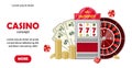 Casino site template concept. Triple seven jackpot on slot machine, roulette, coins and dollars. Playing cards, dices Royalty Free Stock Photo