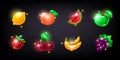 Casino slot fruit icon kit, strawberry, vector gambling machine badge set, glossy fresh apple, cherry.