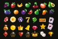 Casino slot game vector icon set, gambling machine UI badge kit, golden award crown, glossy fruit.