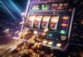 Casino slot machine closeup, bar spin gamble game, lucky sevens