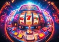 Casino slot machine closeup, bar spin gamble game, lucky sevens