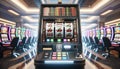 Casino slot machine closeup, bar spin gamble game, lucky sevens