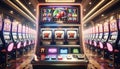 Casino slot machine closeup, bar spin gamble game, lucky sevens