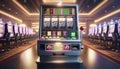 Casino slot machine closeup, bar spin gamble game, lucky sevens