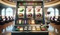 Casino slot machine closeup, bar spin gamble game, lucky sevens