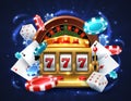 Casino 777 slot machine. Gambling roulette big lucky prize, realistic 3D vector roulette and golden sloth machine