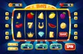 Casino slot machine game ui design, gambling mobile app concept. Cartoon slots icons and buttons, online casinos games Royalty Free Stock Photo