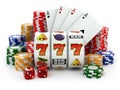 Casino. Slot machine with jackpot, dice, cards and chips. Royalty Free Stock Photo