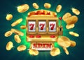 Casino slot machine. 777 jackpot, winning game lottery background, flying golden coins. Vector golden machine