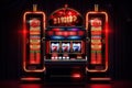 Casino slot machine with winning combination. Gambling addiction. Casino games concept. Lucky one handed bandit. Created