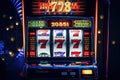 Casino slot machine with winning combination. Gambling addiction. Casino games concept. Lucky one handed bandit. Created