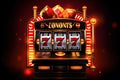 Casino slot machine with winning combination. Gambling addiction. Casino games concept. Lucky one handed bandit. Created