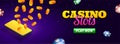 Casino slots header or banner design with smartphone, gold coins and casino chips.