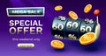 Casino slots mega sale 60 off banner, promotion flyer, Special offer. Vector