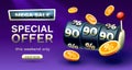 Casino slots mega sale 90 off banner, promotion flyer, Special offer. Vector