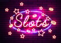 Casino slots signs. Neon logos slot machine gambling emblem, the bright banner neon casino for your projects. Night