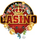 Casino sticker with crown, roulette, chips and coins. There is an additional PNG format.