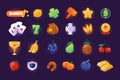 Casino symbols. Cartoon slot machine and spinning game colorful shiny icons, 2D game UI elements asset of fruits star