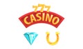 Casino Symbols Set, Horseshoe, Diamond, 777 Popular Gambling and Online Games Signs Cartoon Vector Illustration Royalty Free Stock Photo