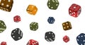 Casino theme, background of dices in different colors and materials, isolated on white background, 3d illustration Royalty Free Stock Photo