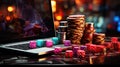 Casino theme, pile of golden and red casino chips, dice and laptop on dark background Royalty Free Stock Photo