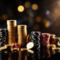 Casino theme playing cards, chips, golden coins on black background Royalty Free Stock Photo