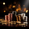 Casino theme playing cards, chips, golden coins on black background Royalty Free Stock Photo