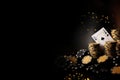 Casino theme: playing cards, chips and golden coins on black background, Concept of casino game poker, card playing, gambling Royalty Free Stock Photo