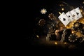 Casino theme: playing cards, chips and golden coins on black background, Concept of casino game poker, card playing, gambling Royalty Free Stock Photo