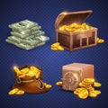 Casino vector 3d signs and money icons. Dollars, gold coins in safe deposit and moneybag Royalty Free Stock Photo