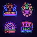 Casino vegas street wall neon game winning sign. 777 gambling slot machine. Glowing lucky jackpot banner with trophy