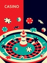 Casino vertical banner. Roulette, chips and dices