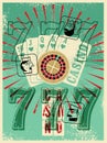 Casino vintage grunge style poster. Playing cards, roulette, triple seven. Stylized Jack, Queen and King. Vector illustration.