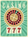Casino vintage grunge style poster with roulette. Retro vector illustration.