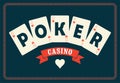 Casino vintage style poster. A royal flush playing cards poker. Retro vector illustration.