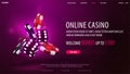 Casino web banner with purple neon 3D dice with red and black realistic gambling stack of casino chips on purple background Royalty Free Stock Photo