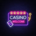 Casino welcome logo in neon style. Design template. Neon sign, light banner, night neon billboard, bright light