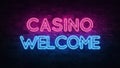 Casino welcome neon sign. purple and blue glow. neon text. Brick wall lit by neon lamps. Night lighting on the wall. 3d Royalty Free Stock Photo