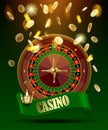 Casino wheel with green ribbon and crown under gold money rain