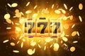 Casino win slot. Big gold coin flying, golden game spin machine, online jackpot, yellow money falling with confetti and