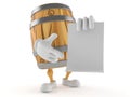 Cask character pointing finger on blank sheet of paper