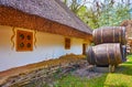 The casks at the hata house, Mamajeva Sloboda Cossack Village, Kyiv, Ukraine