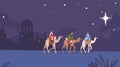 Caspar, Melchior, and Balthazar Magi Riding Camels Follow The Star To Reach Newborn Baby Jesus Biblical Scene Royalty Free Stock Photo