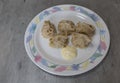 Caspian manta rays steamed with mayonnaise on a plate with patterns on the table Royalty Free Stock Photo